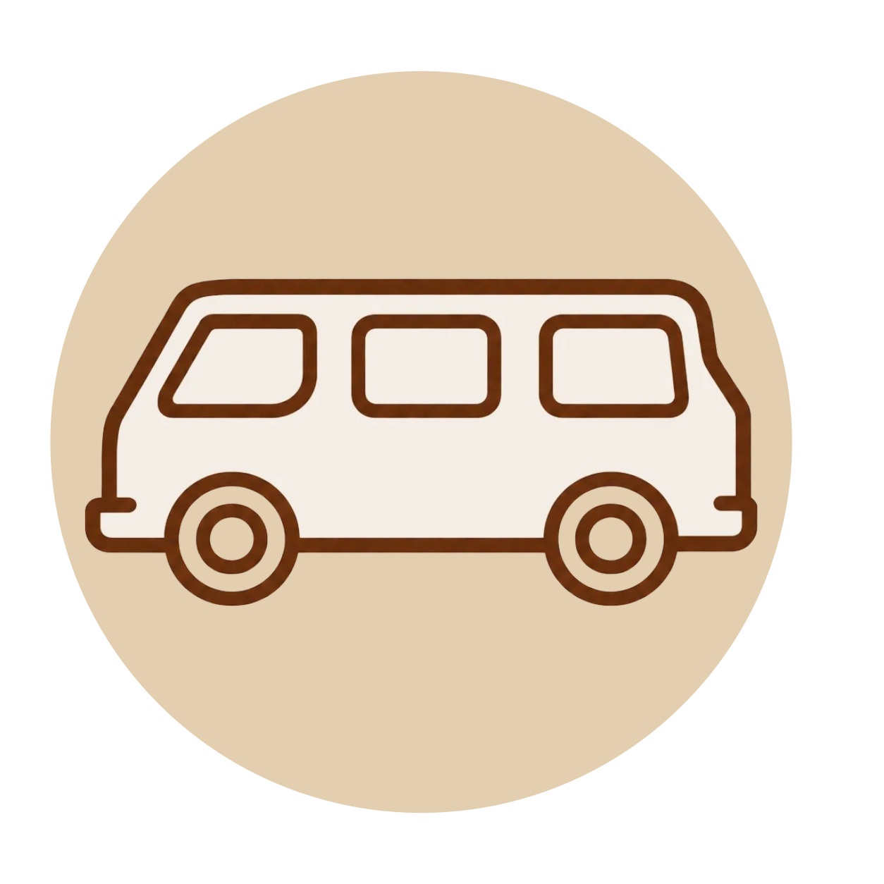 Icon of a van or minivan with three windows on its side, outlined in brown on a beige circle background.