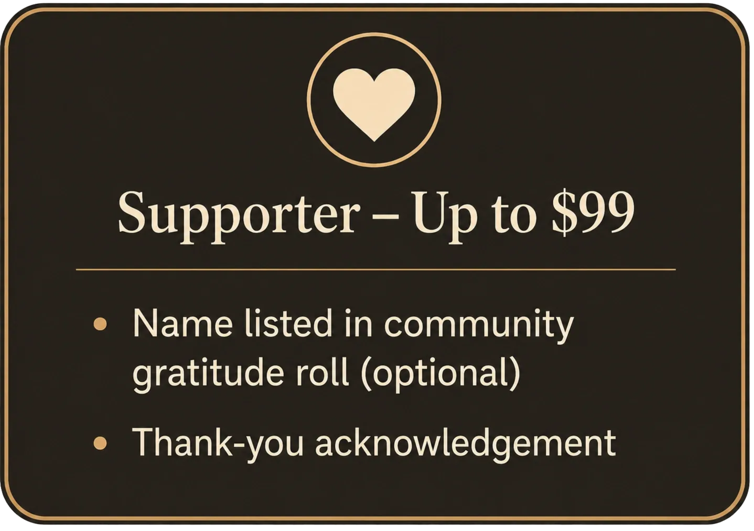 A digital support donation graphic with a heart icon at the top, a message about supporting up to $99, and a thank you note at the bottom.