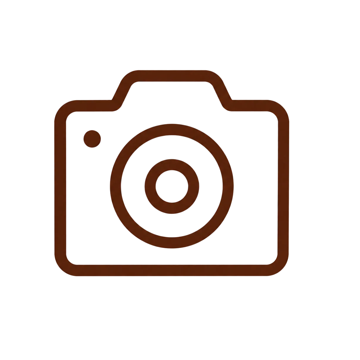 Icon of a camera outlined in brown on a white background.