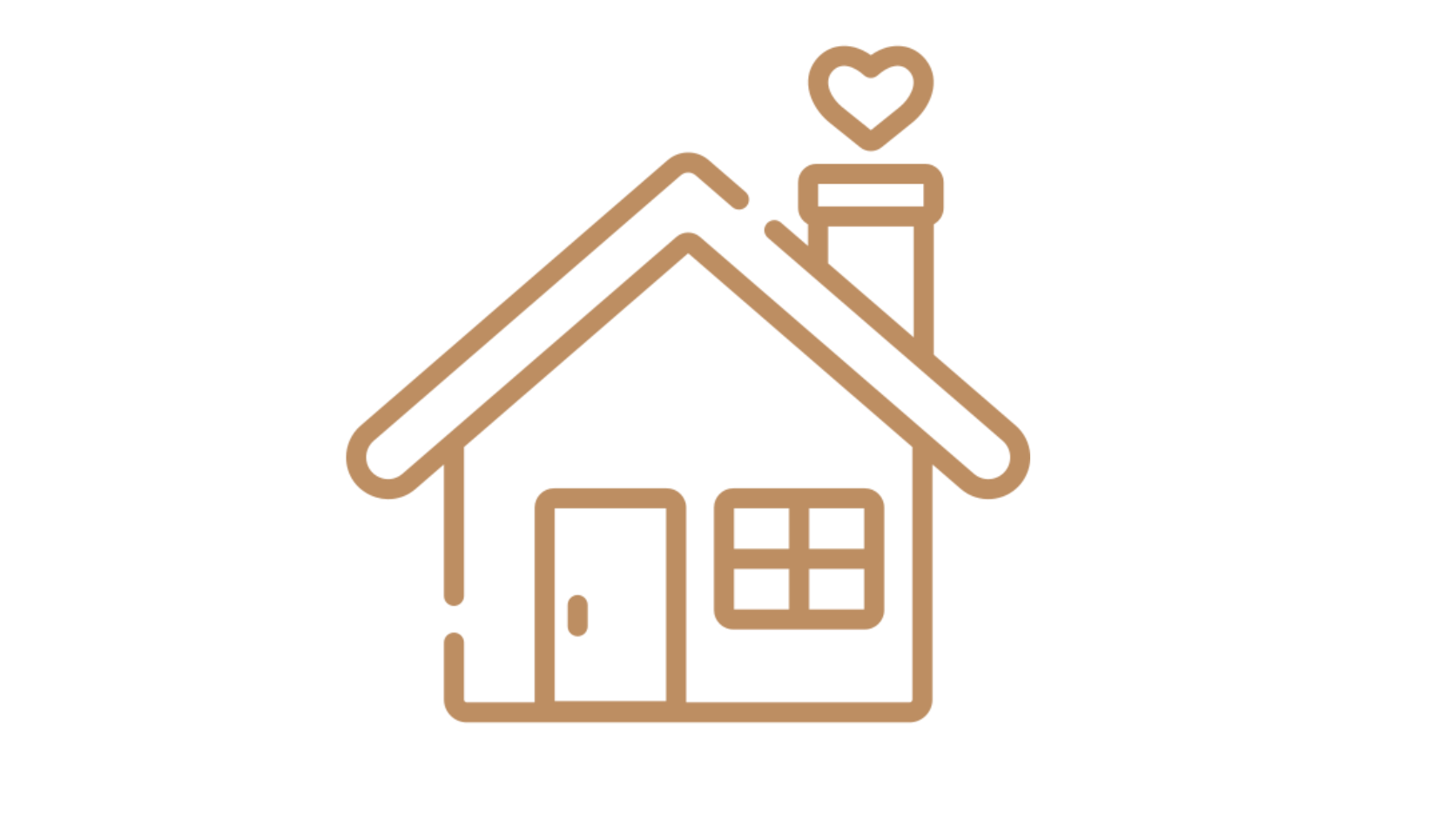 Simple brown line drawing of a house with a chimney and a heart shape above it.