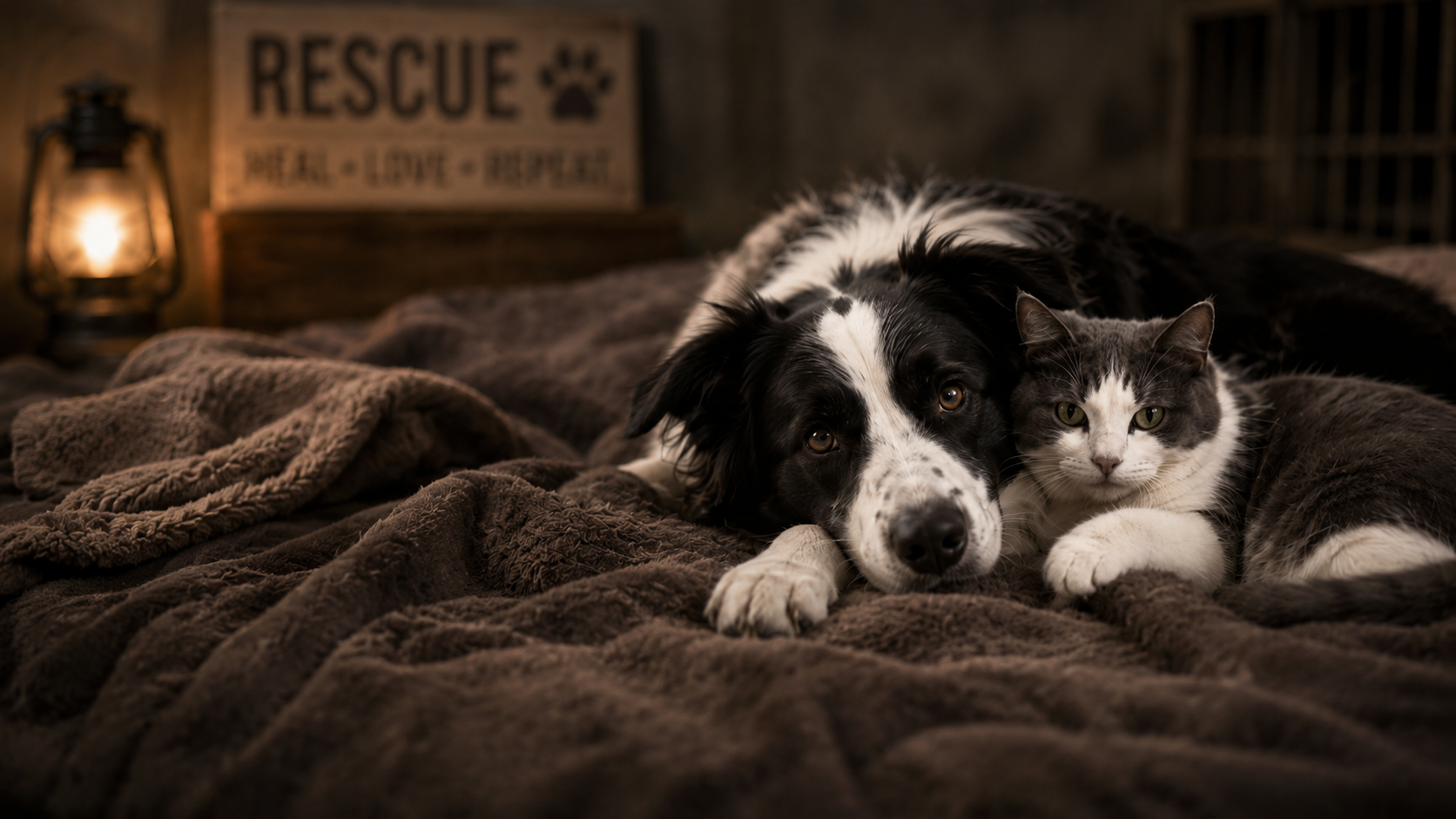 A black and white dog lying on a brown blanket next to a gray and white cat on a cozy bed, with a rescue sign and a lamp in the background.