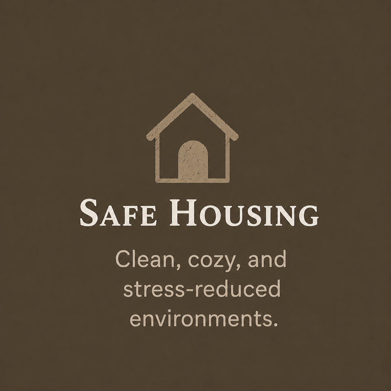 A poster with a house icon and the words 'Safe Housing' and the phrase 'Clean, cozy, and stress-reduced environments' below it.