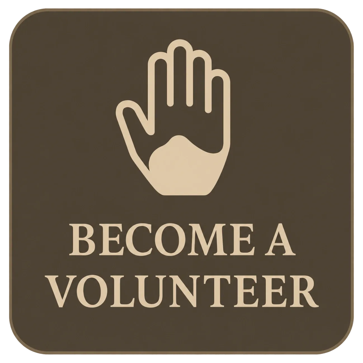 A beige hand icon with the text 'Become a Volunteer' below it on a brown background.