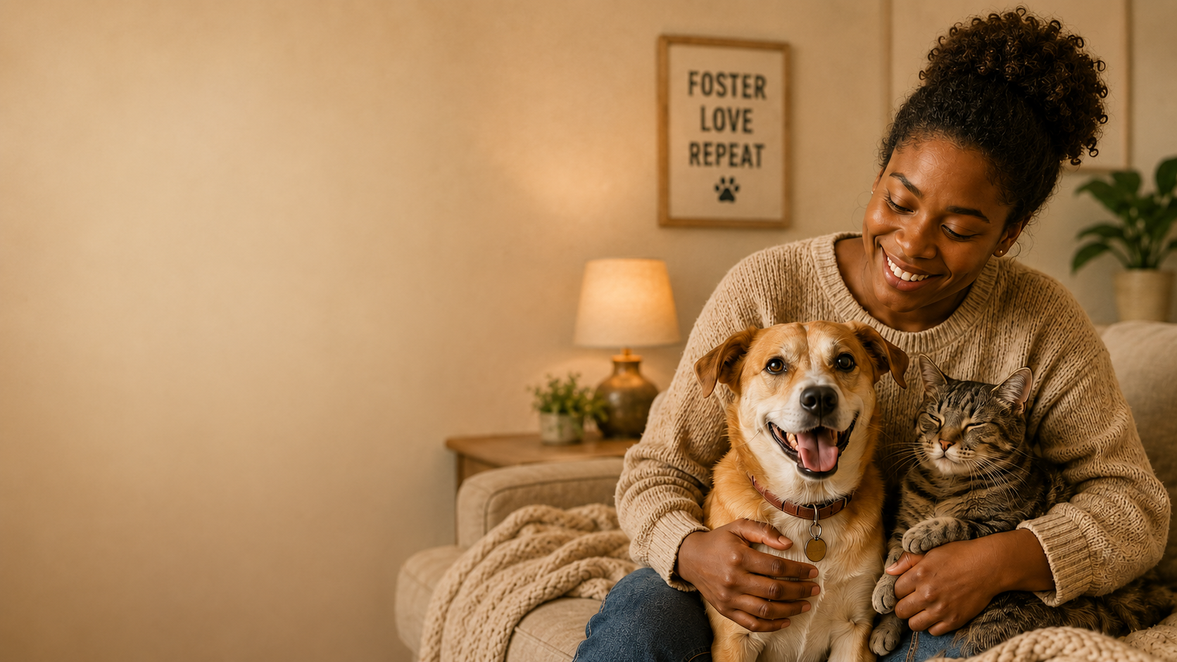 A woman sitting on a beige couch with a dog and a cat, smiling and cuddling them in a warmly lit living room, with a lamp, plants, and a wall decoration in the background.