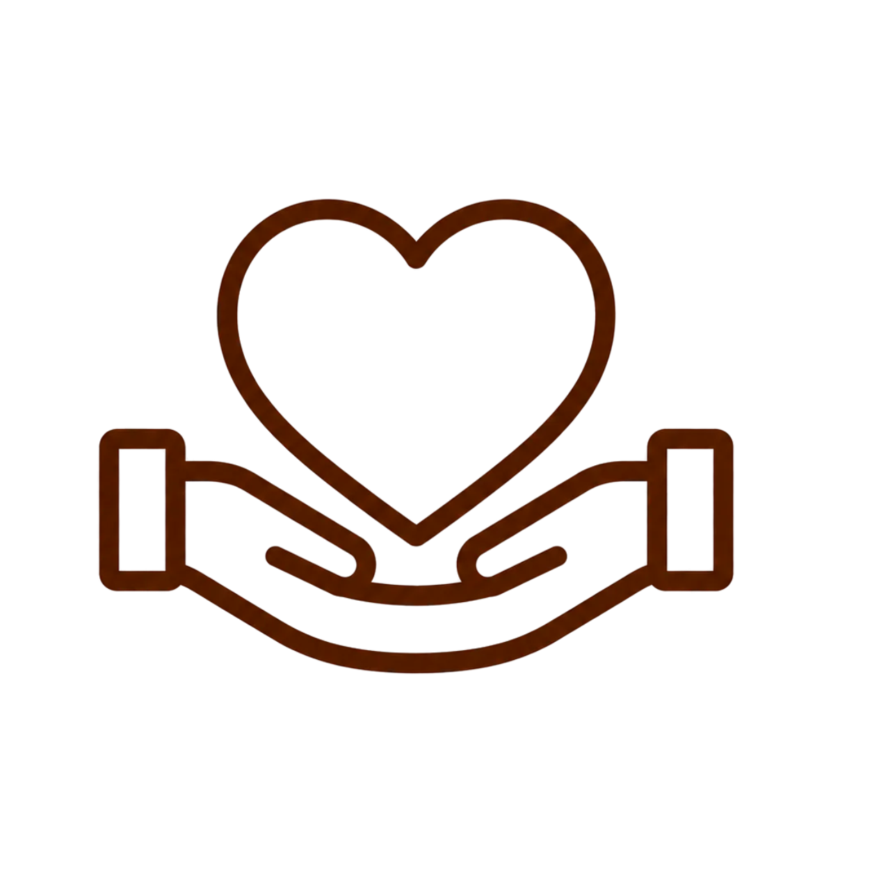 A brown outline of a hand holding a heart, with a smaller heart inside the larger one.