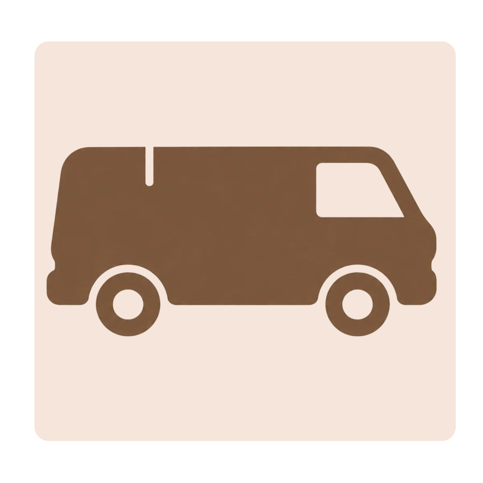 Minimalist illustration of a vintage campervan with a beige upper section, brown lower section, and large windows, set against a black background.