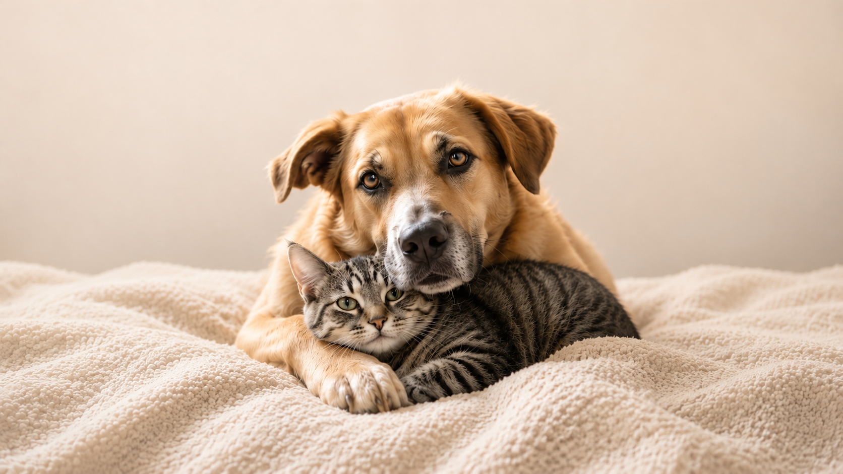 A dog lying on a soft beige blanket with a tabby cat resting under its chin, both looking directly at the camera.