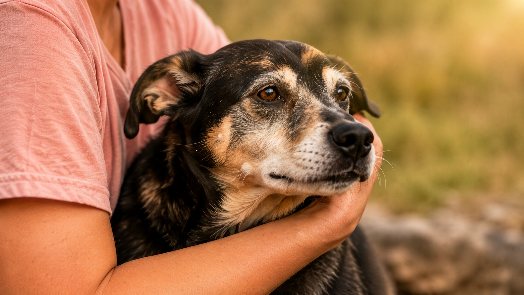 Person wearing a pink shirt holding a black, gray, and tan mixed breed dog outdoors.