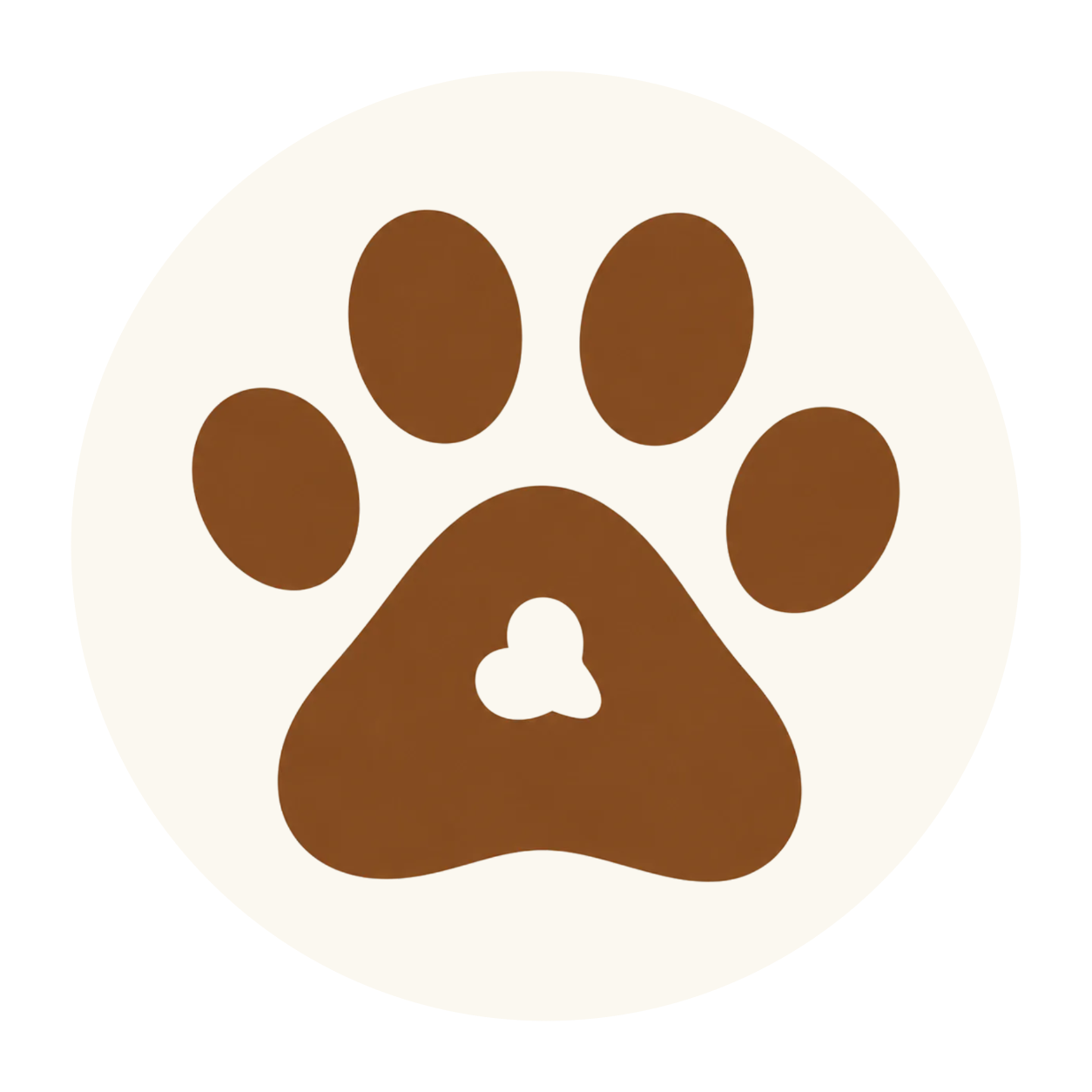 A stylized illustration of a puppy paw print with a heart-shaped pad in the center, on a beige background.
