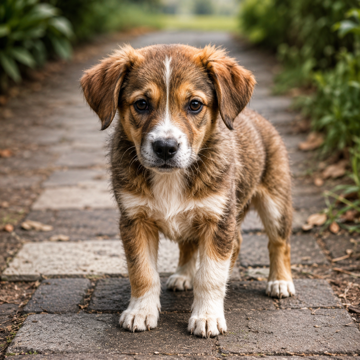 A brown and white puppy with floppy ears standing on a paved pathway surrounded by greenery.