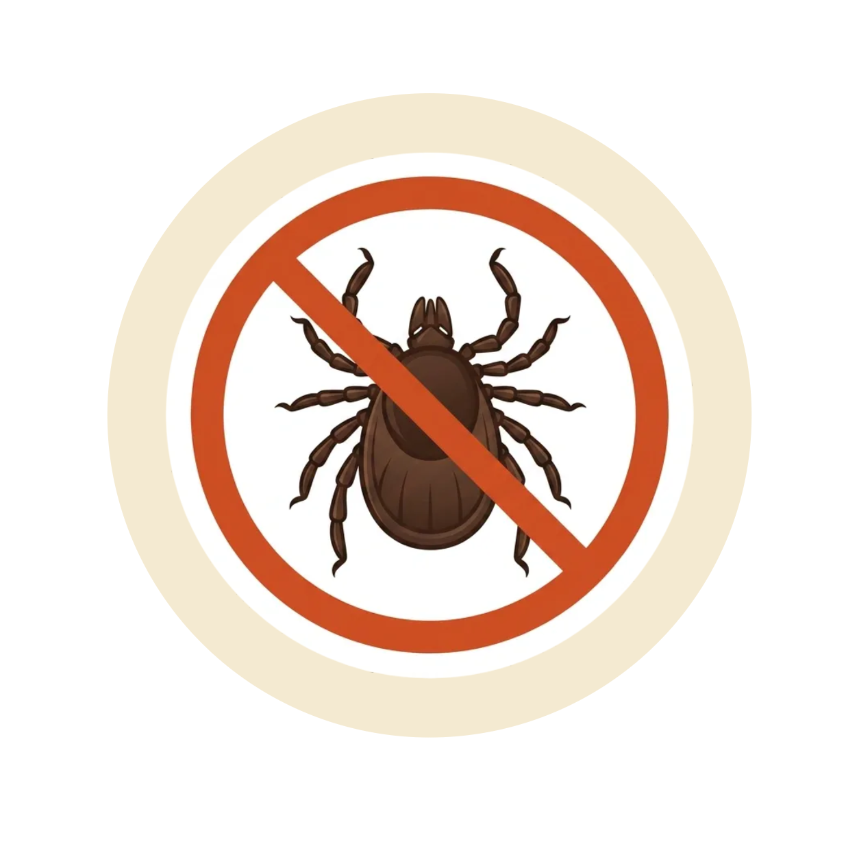 A sign with a brown tick attached to a red circle with a diagonal line, indicating no ticks, with an illustration of a tick in the center.