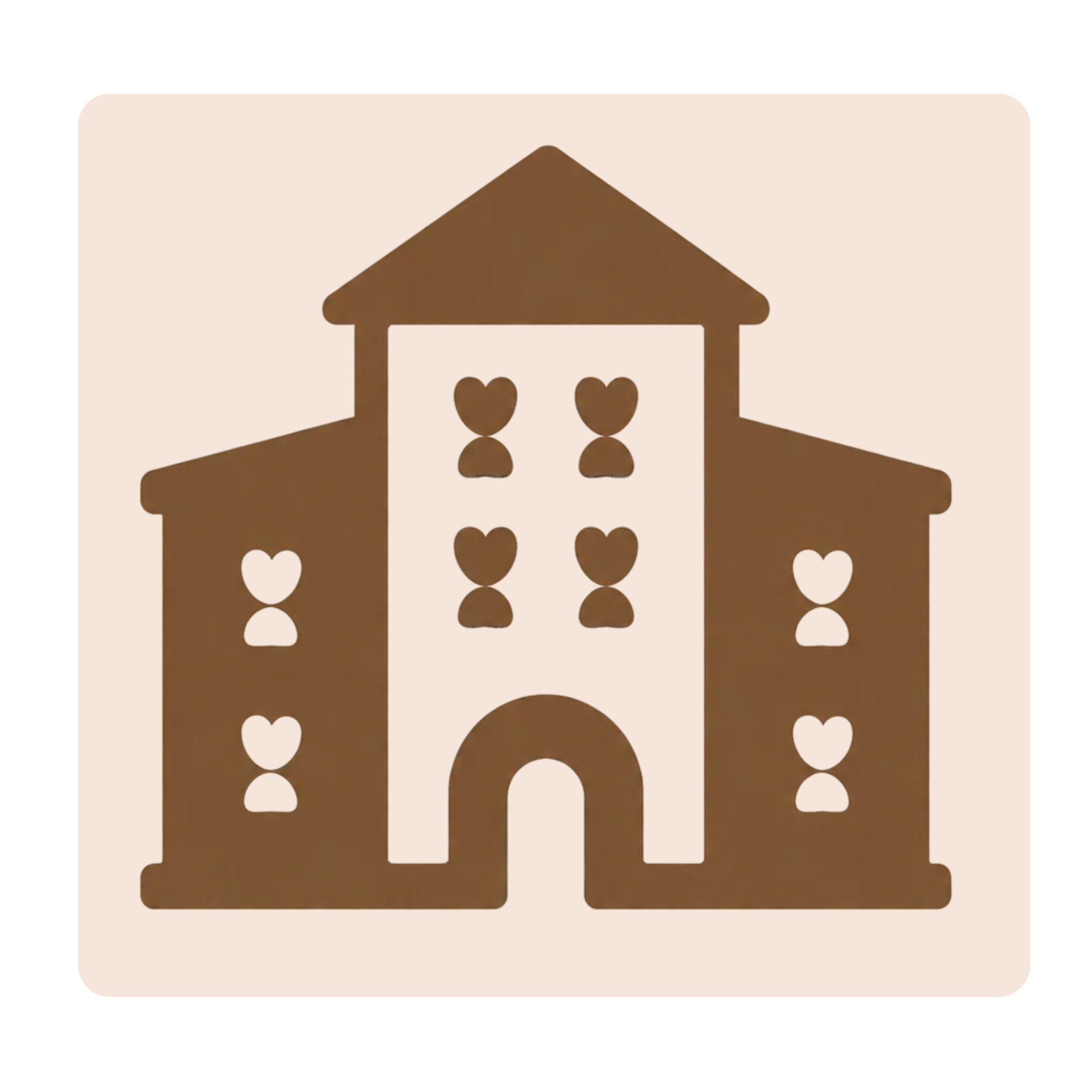 Simplified graphic of a house with a triangular roof and two heart shapes inside, supported by two vertical lines, all in brown on a light background.