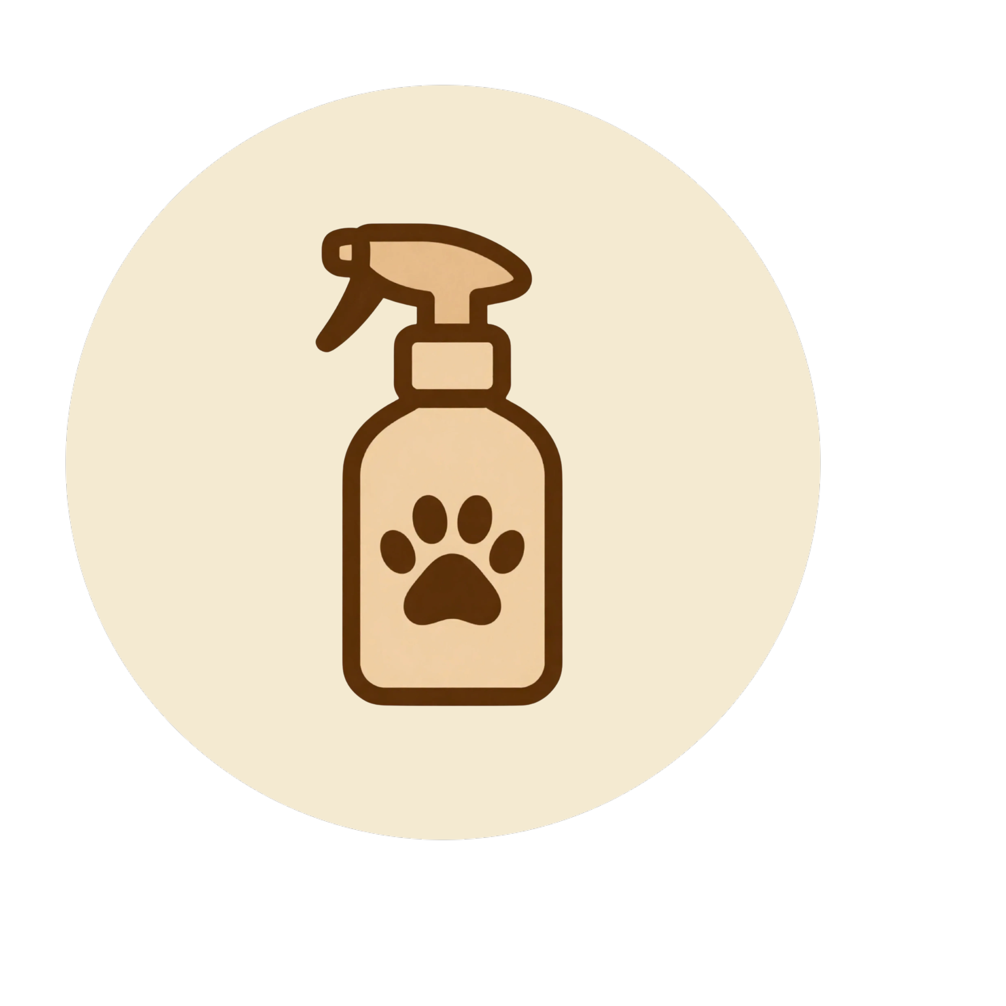 A minimalist graphic of a spray bottle with a paw print inside a bottle icon, set against a beige circular background with black outer area.