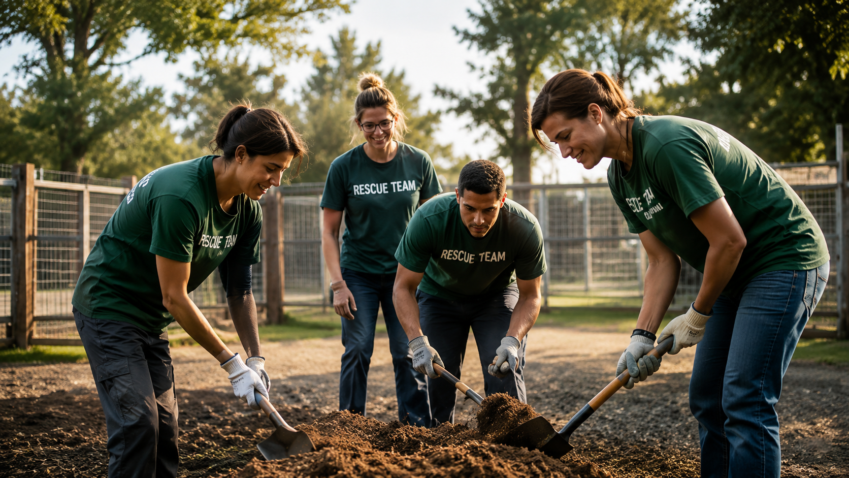 A diverse group of five rescue team members planting trees in a park during daytime.
