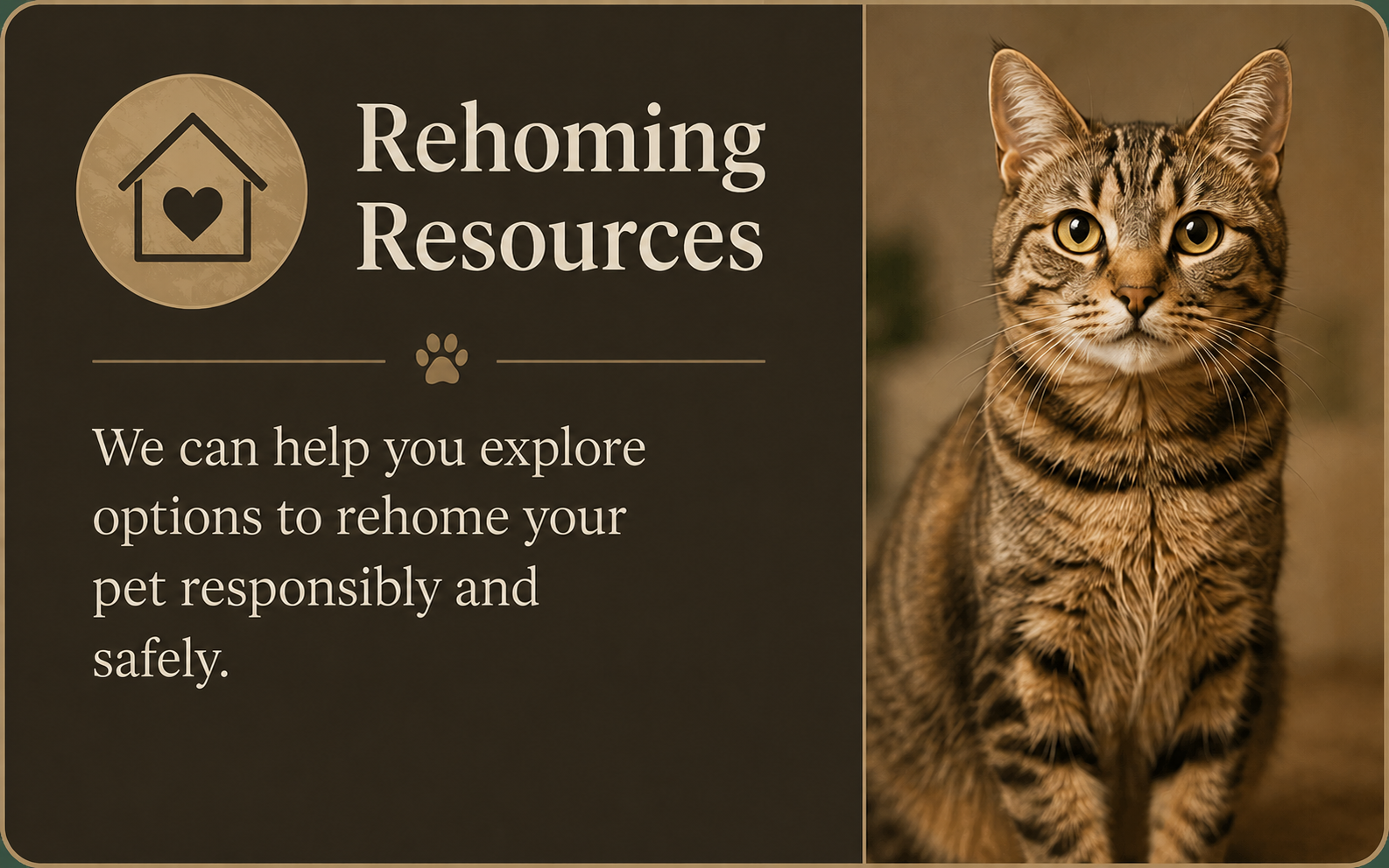 A promotional graphic for rehoming resources featuring a tan tabby cat with green eyes on the right, and a dark brown background with white text on the left that reads, "Rehoming Resources. We can help you explore options to rehome your pet responsibly and safely." The graphic includes a simple house icon with a heart inside it at the top, and a paw print between the icon and the text.