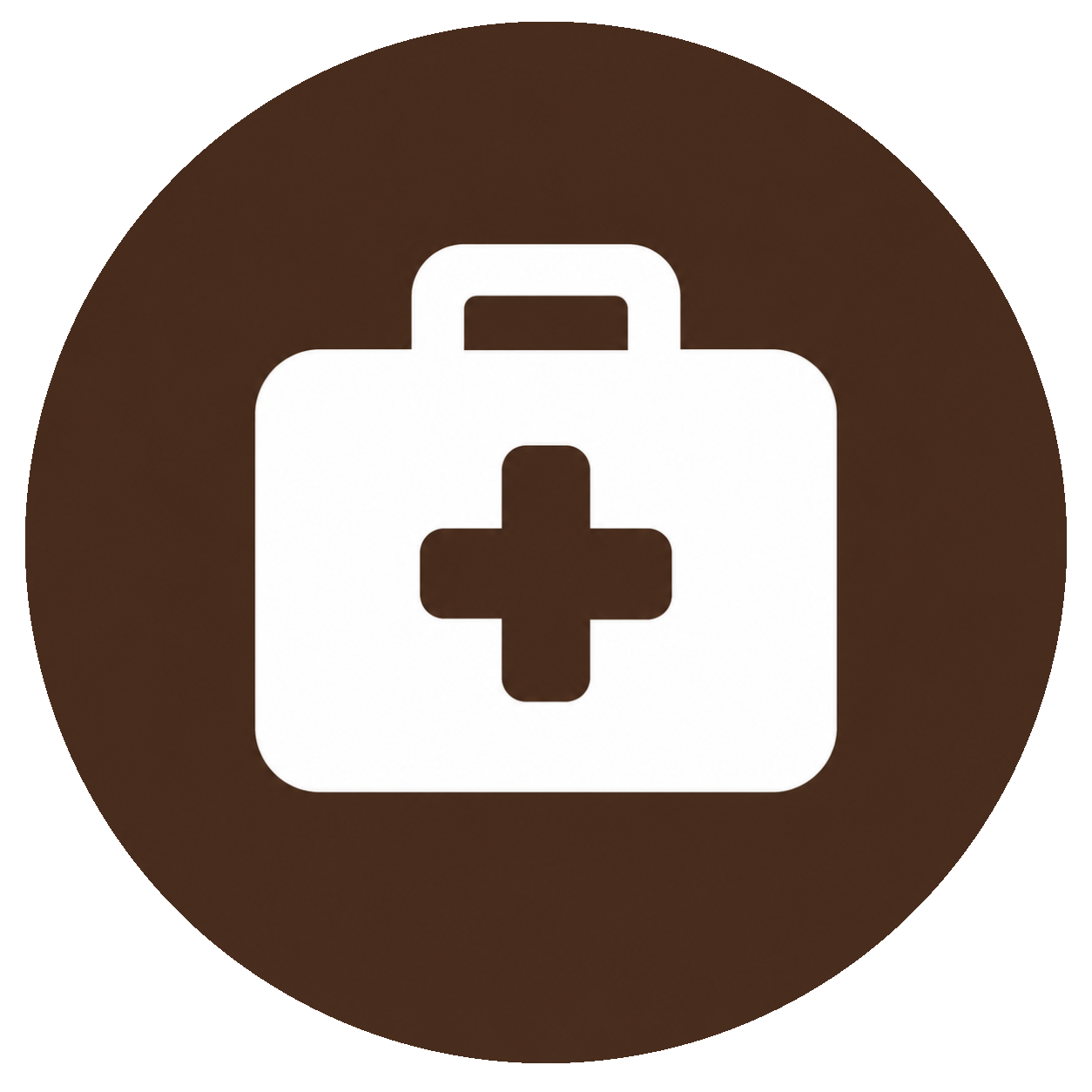 Icon of a first aid kit with a cross symbol, on a brown background.