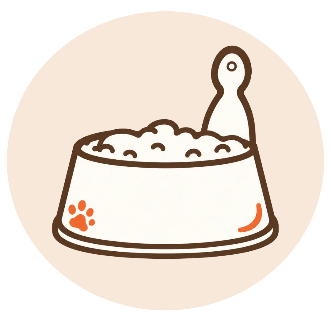 Line drawing of a pet food bowl with a paw print and a loaded spoon inside.