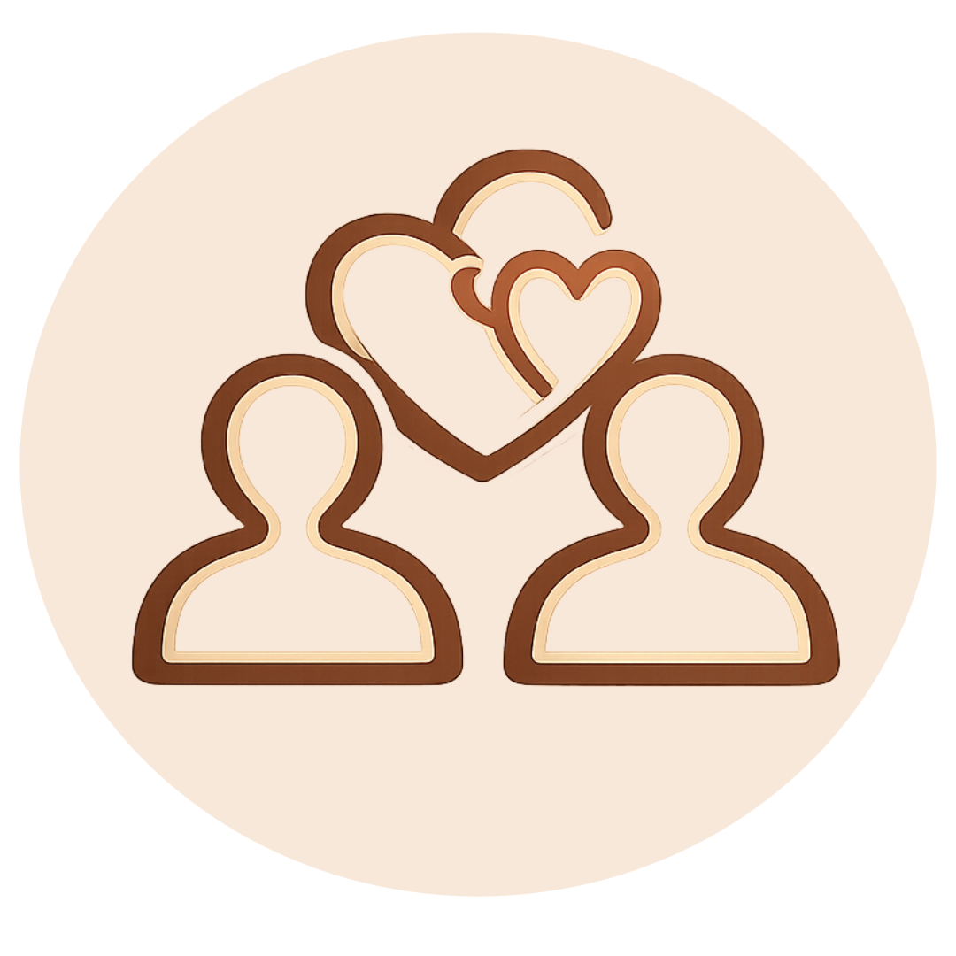 Outline of three people with two overlapping hearts above them, symbolizing love or connection.
