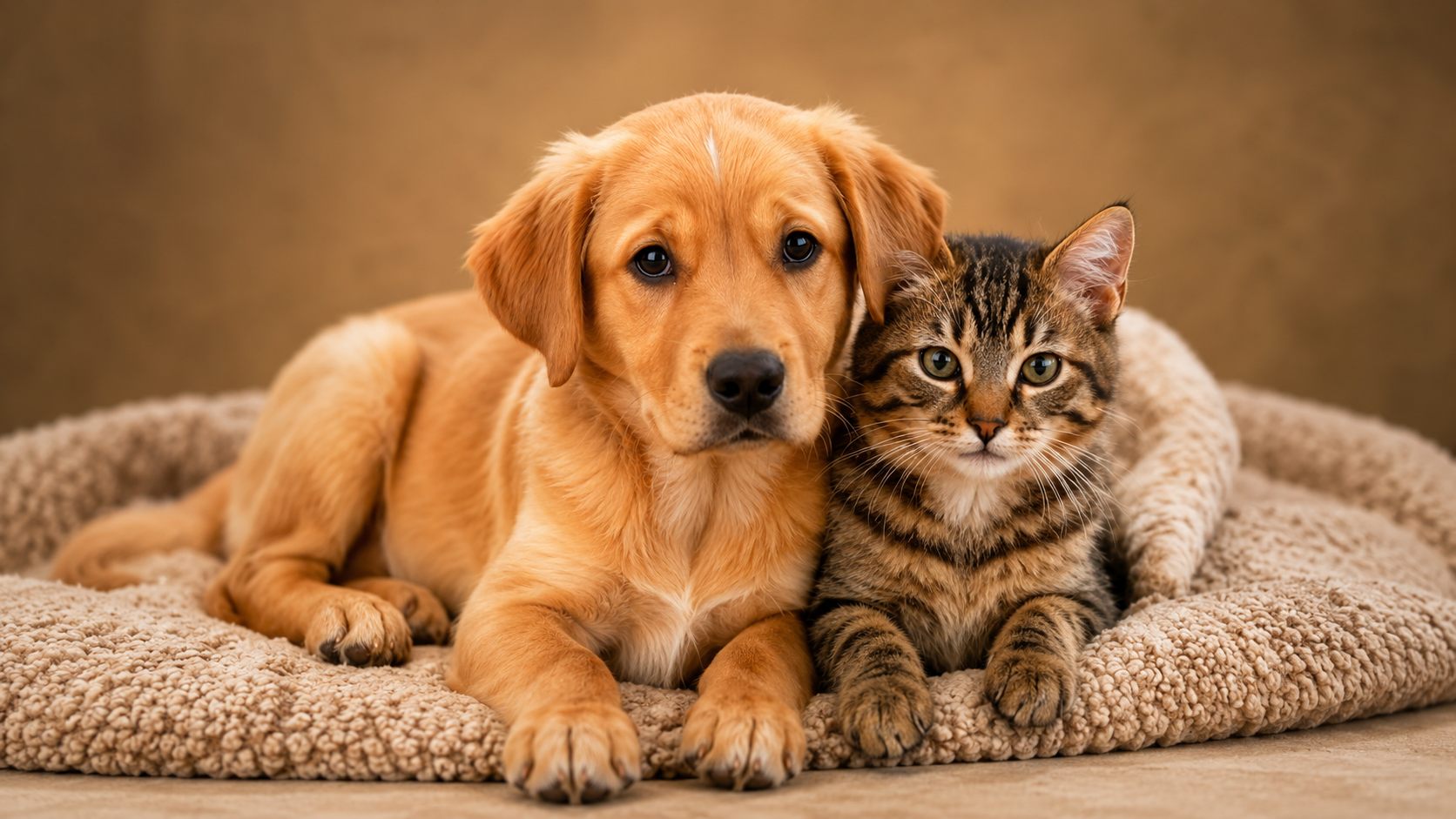 A golden retriever puppy lying next to a tabby cat on a beige carpeted dog bed.