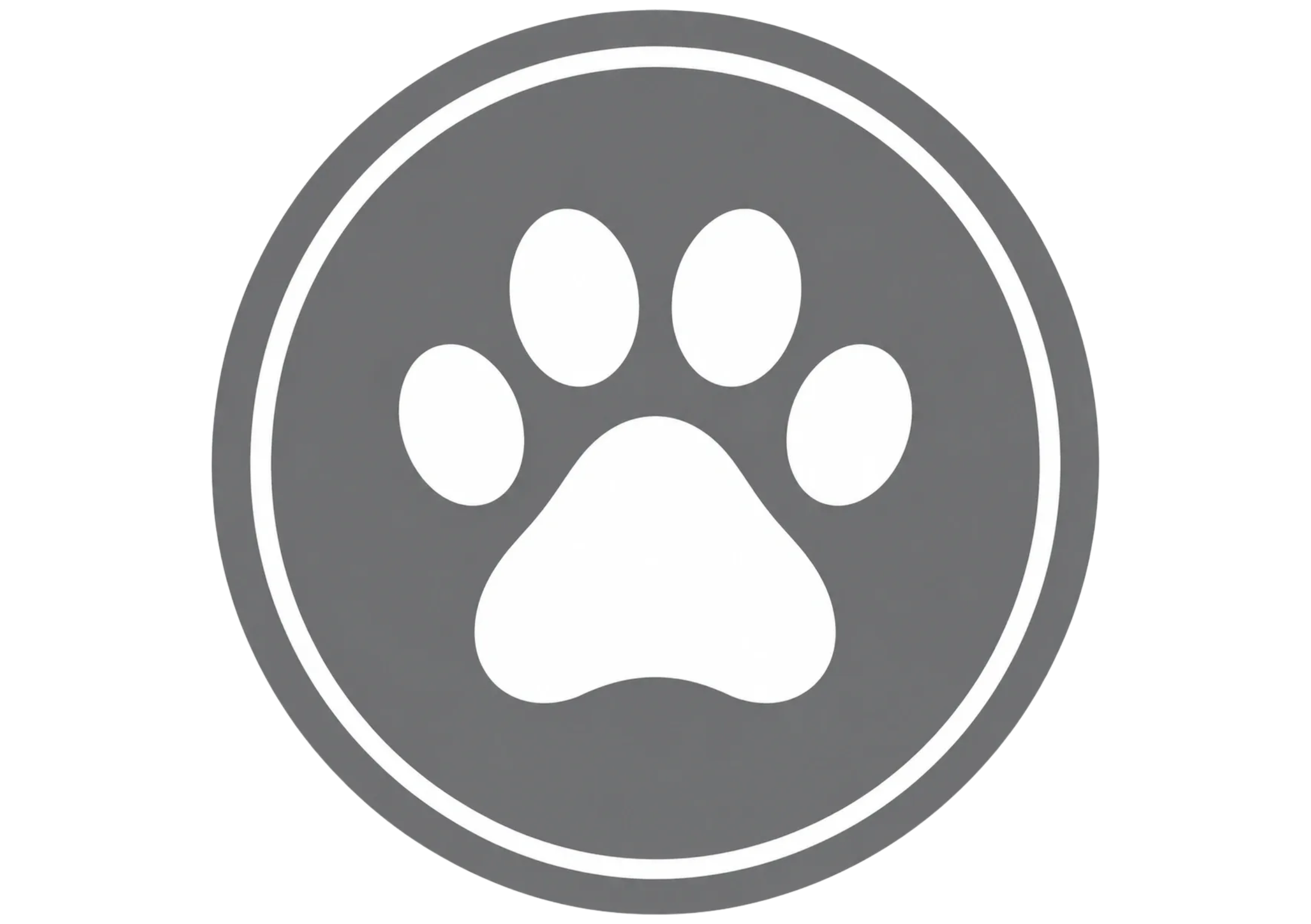 Gray and white paw print icon inside a circle.