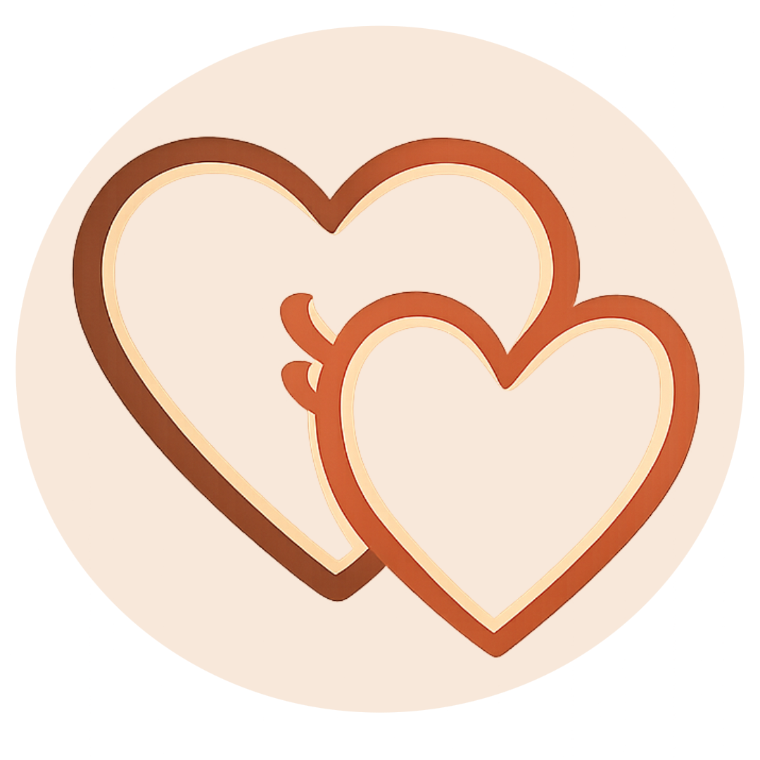 Two overlapping hearts outlined in brown on a light background.