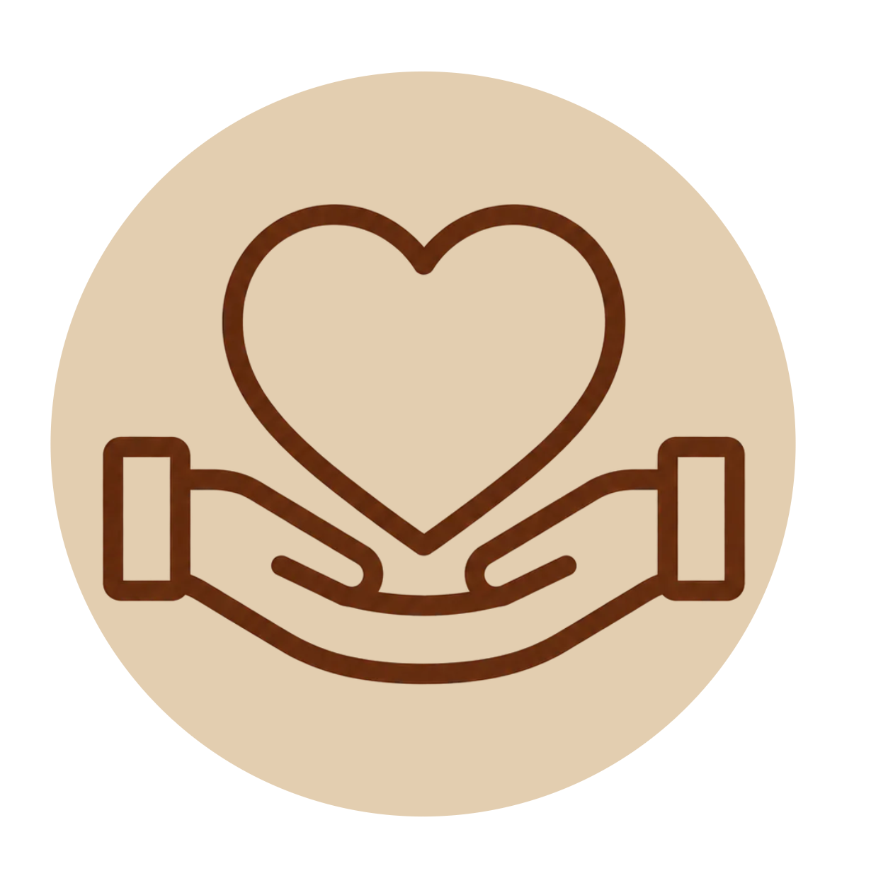 Illustration of two hands holding a heart, set against a beige circular background.