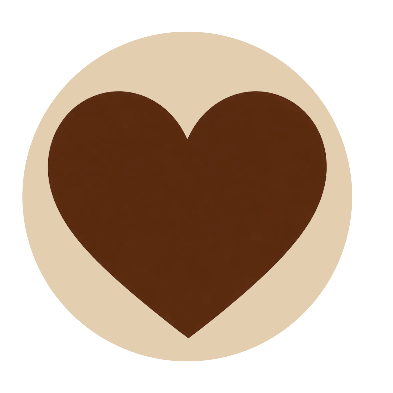 A large heart shape in dark brown color inside a beige square background.