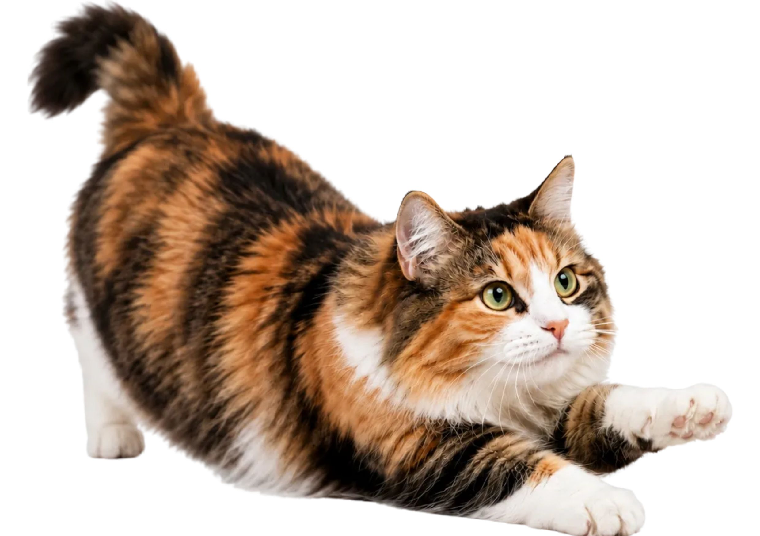 A calico cat with green eyes crouching with its head lowered and tail raised.