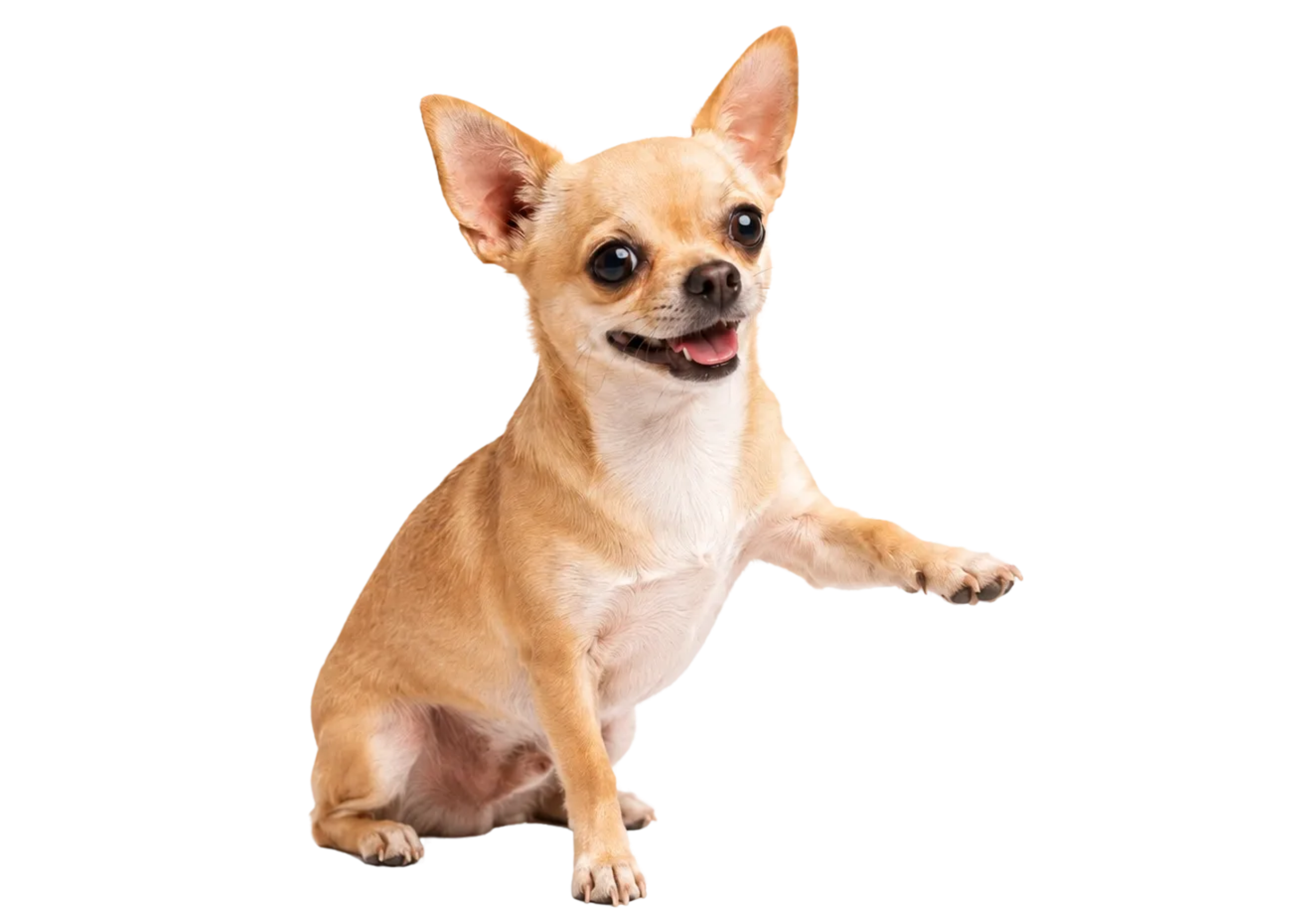 A small tan Chihuahua puppy with large ears sitting on a colorful background.