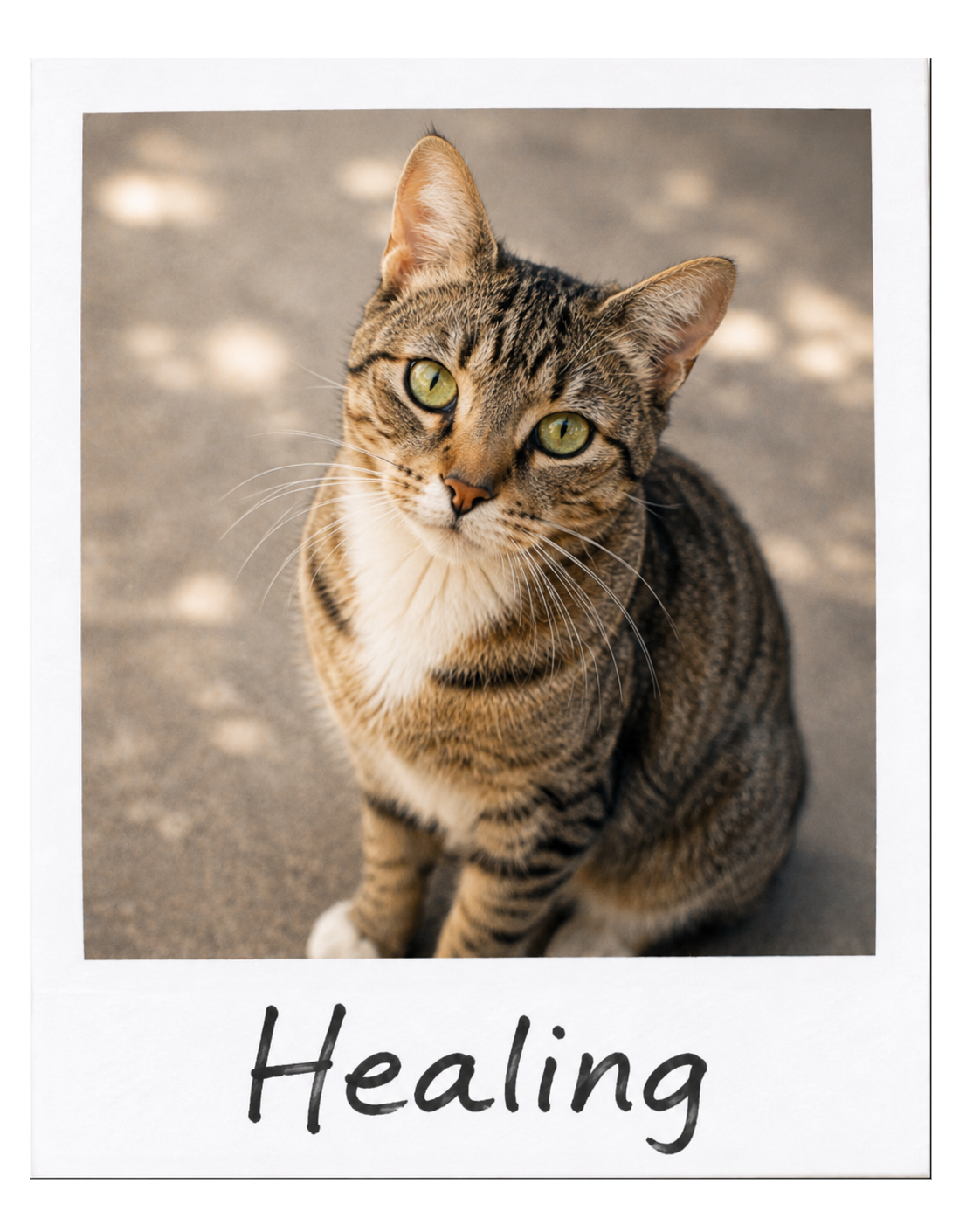 A tabby cat with green eyes sitting on a paved surface, looking up at the camera. The photo has a white border with the word 'Healing' written beneath the image.