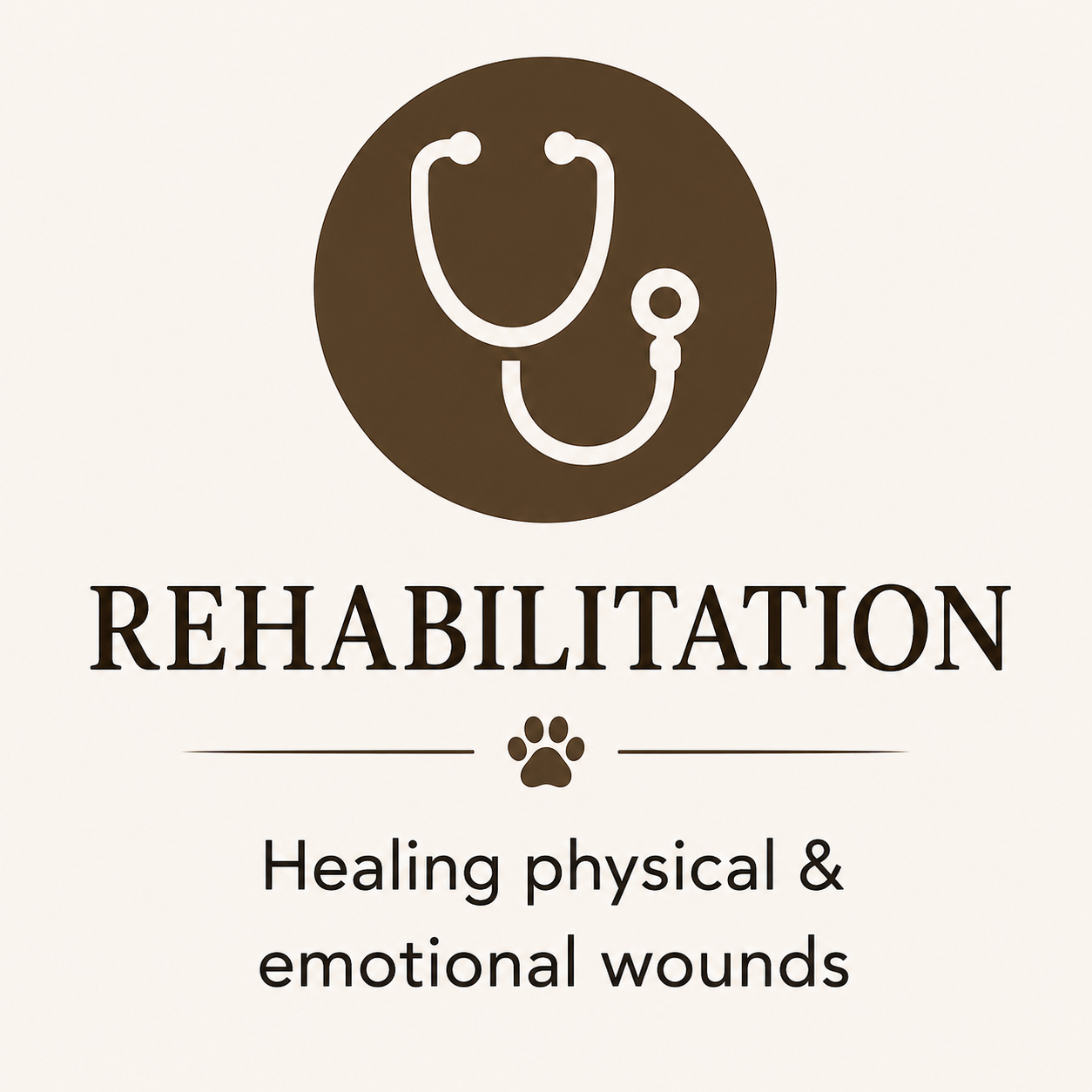 Rehabilitation center sign with a stethoscope icon, the word 'REHABILITATION' in bold, a paw print, and the phrase 'Healing physical & emotional wounds'.