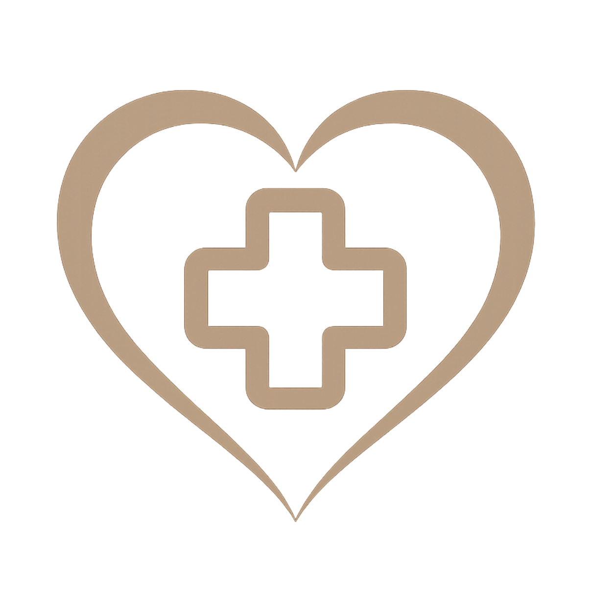 A heart-shaped medical symbol with a cross inside, combining a heart and a medical cross, and a red medical arrow pointing downward.