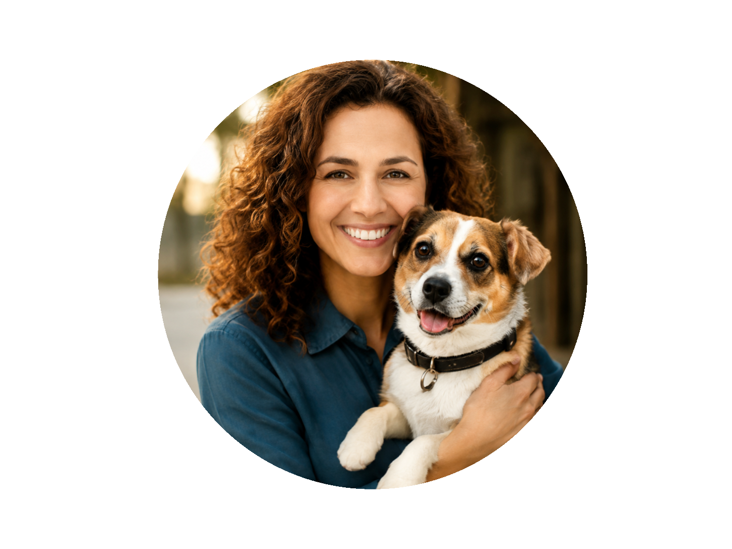 A woman with curly brown hair smiling and holding a happy mixed-breed dog with a black collar outside.