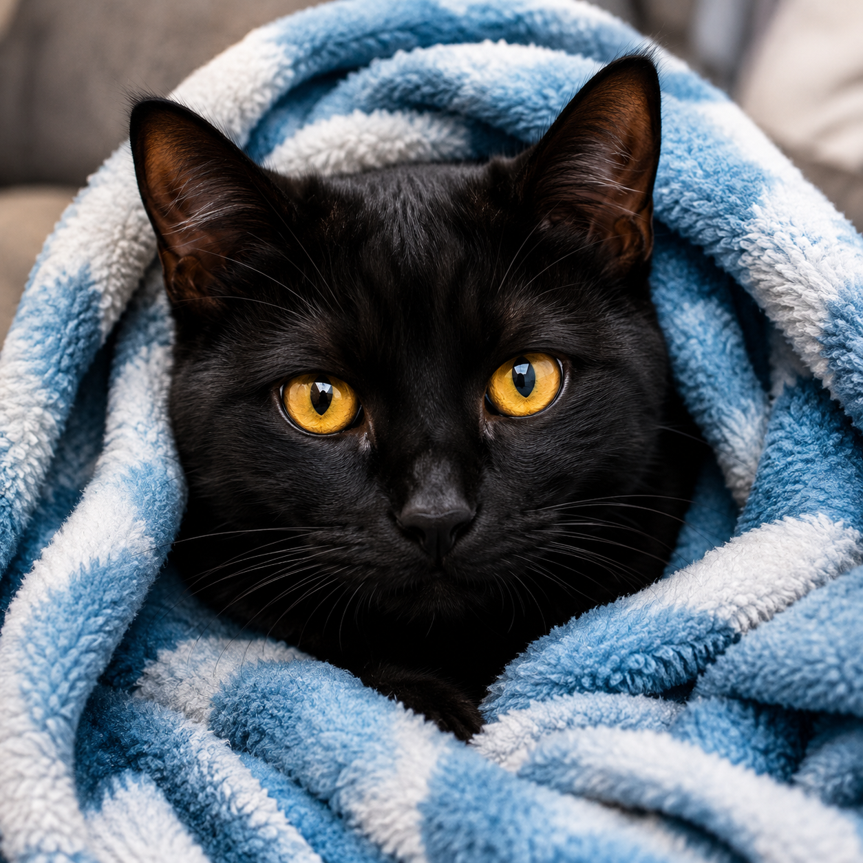 A black cat with yellow eyes wrapped in a blue and white fluffy blanket.