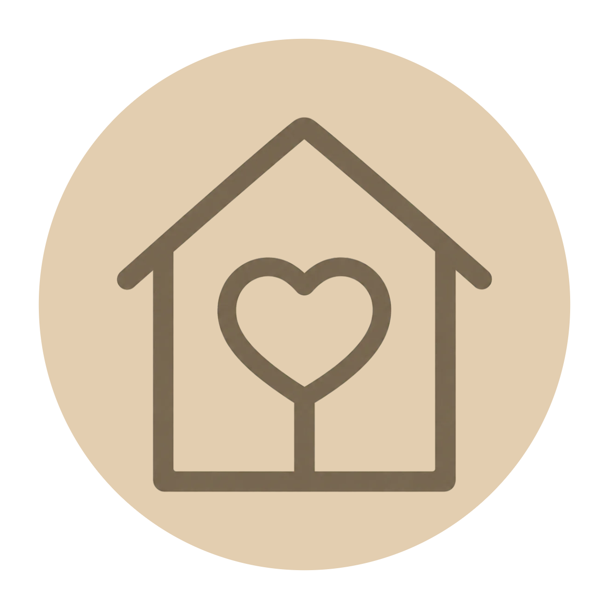 A beige icon of a house with a heart shape in the center.