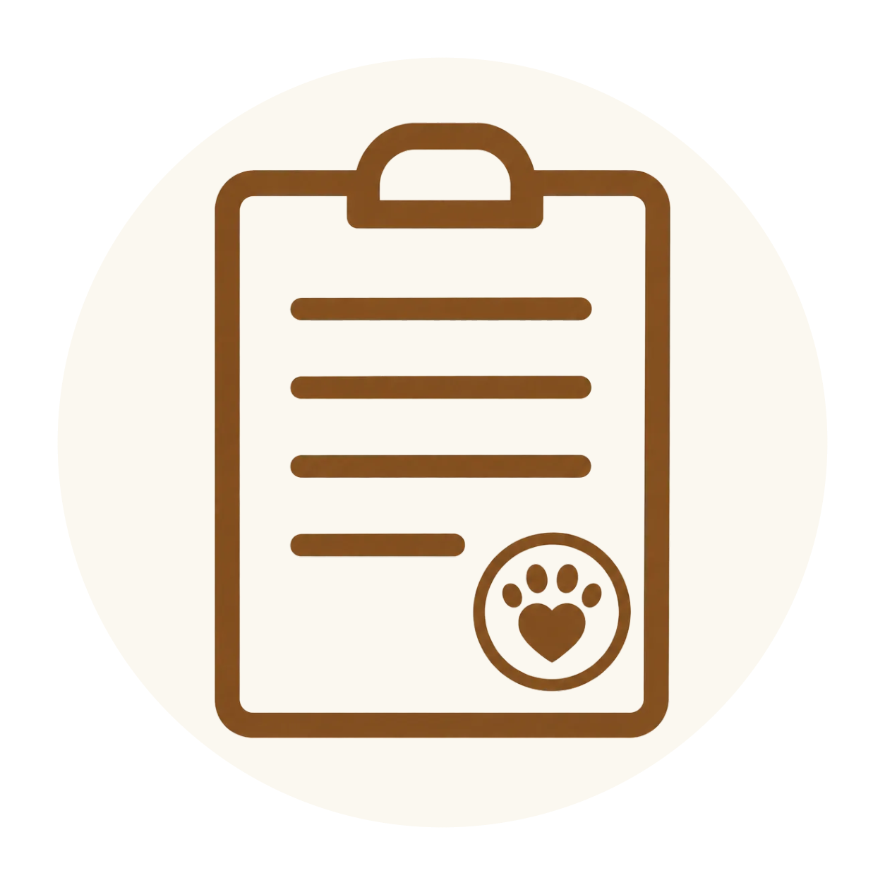 Outline of a clipboard with pet health record, featuring a paw print with a heart at the bottom right.