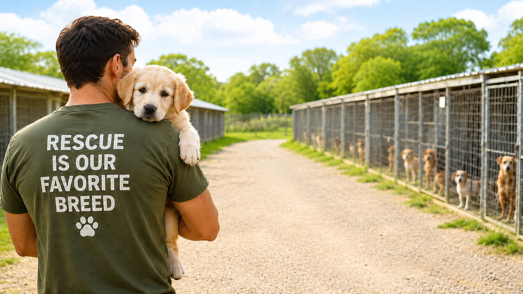 Man in a green rescue shirt holding a golden retriever puppy at an outdoor dog rescue shelter, with rows of kennels and multiple dogs inside them.