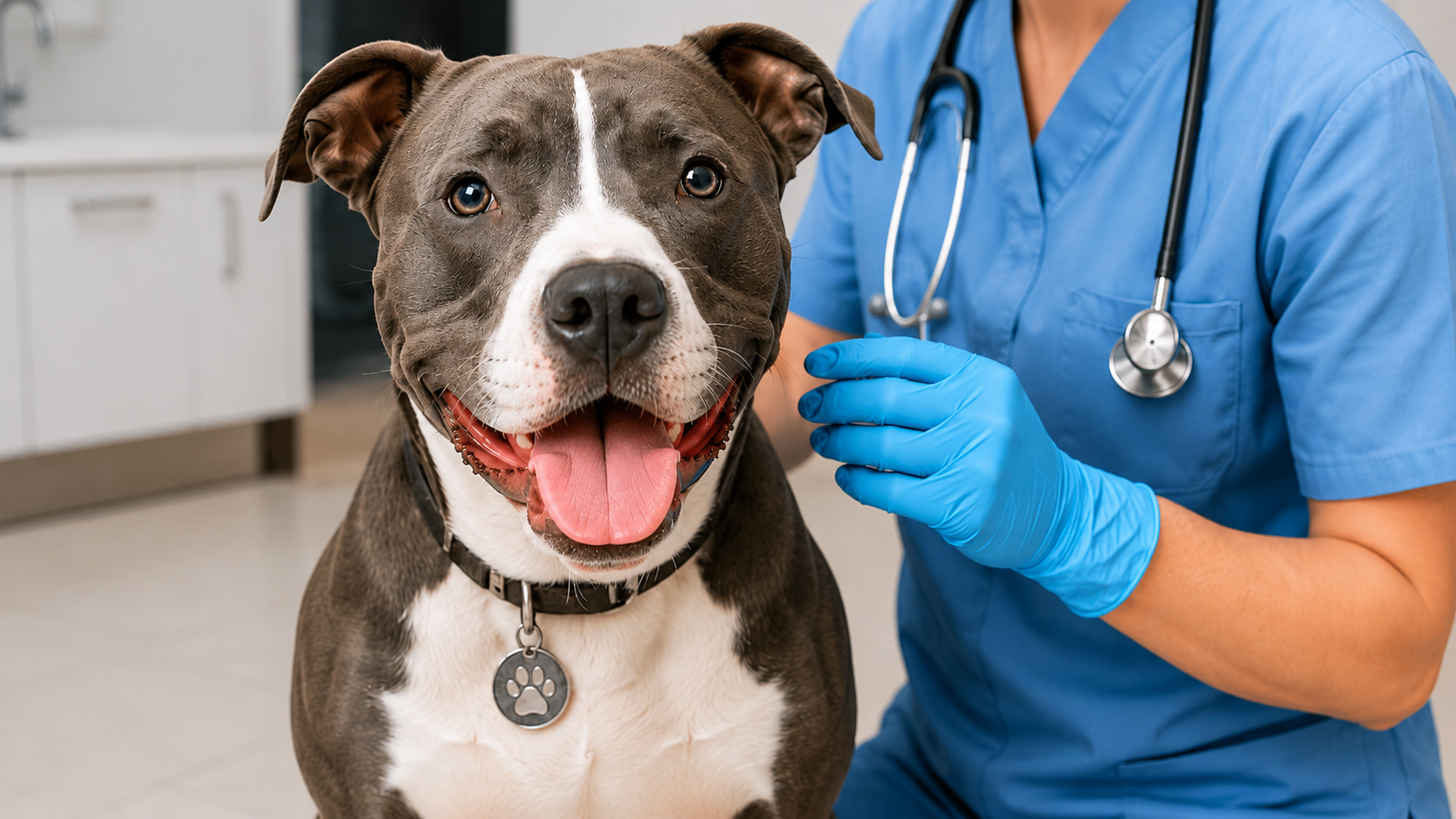 A happy pitbull mix dog at a veterinary clinic, sitting on the examination table. The dog has a black collar with a paw print tag, and is smiling with its tongue out. A veterinarian in blue scrubs and gloves is holding the dog gently, with a stethoscope around their neck.