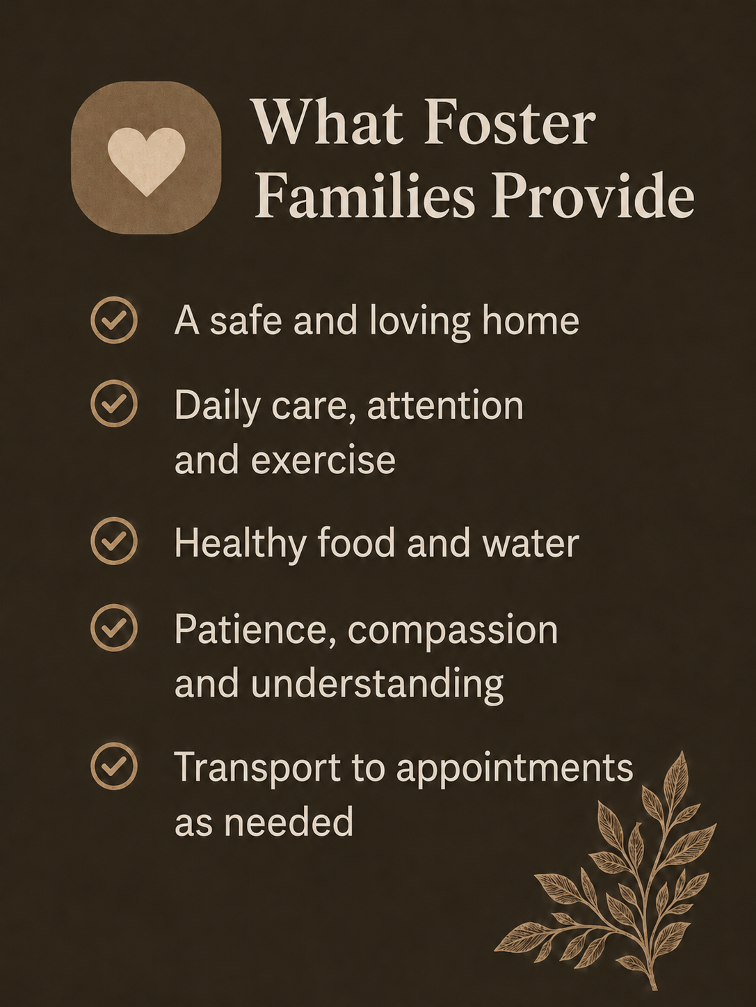 Text list titled 'What Foster Families Provide' with checkmarks next to points about creating a safe and loving home, providing daily care and exercise, offering healthy food and water, showing patience and compassion, and transporting to appointments, with a decorative branch at the bottom right corner.