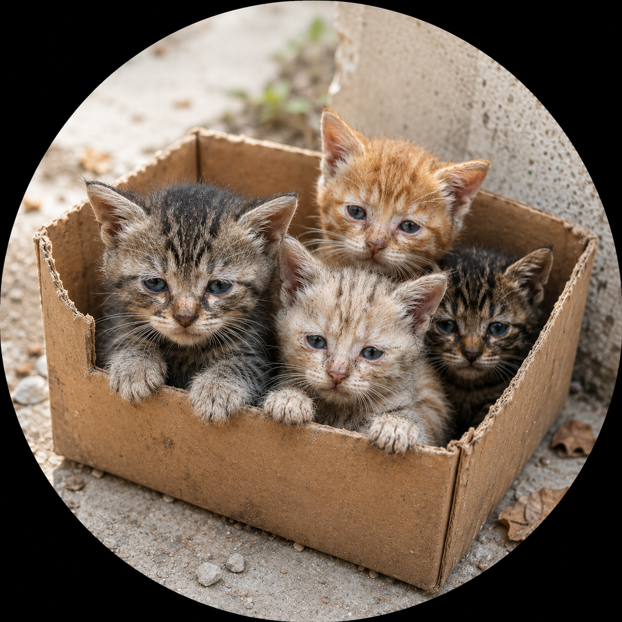 Five dirty kittens inside a cardboard box outdoors on dirt ground, with some leaves around.