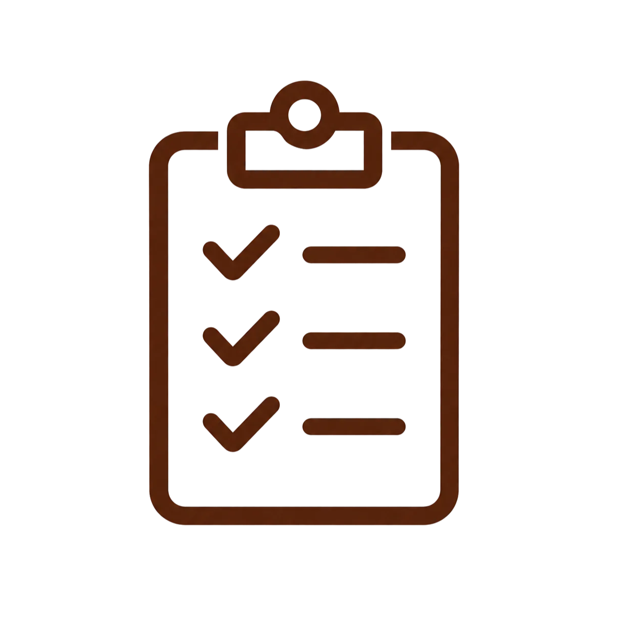 Brown outline of a clipboard with checkmarks indicating completed tasks.