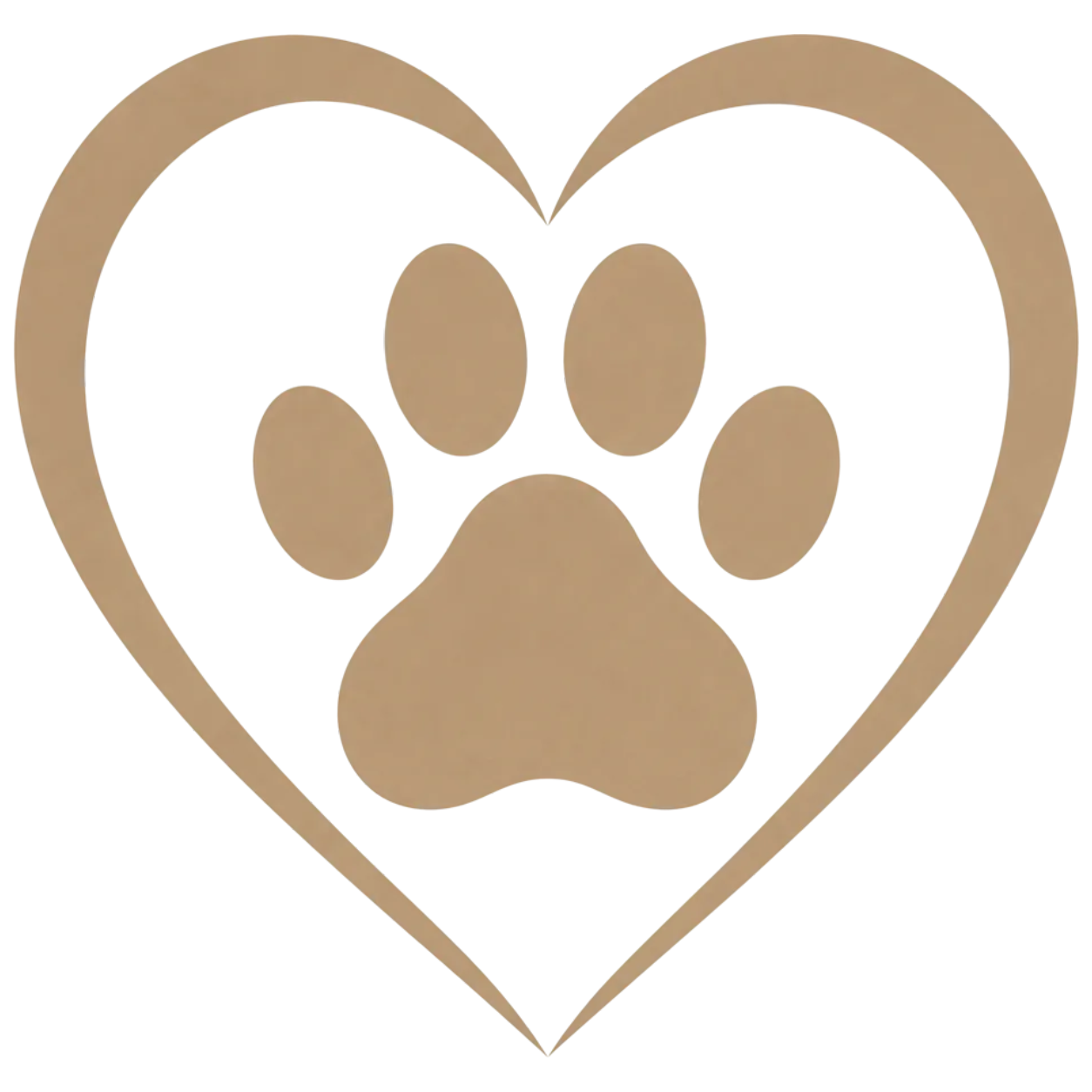 Golden paw print inside a heart outline.