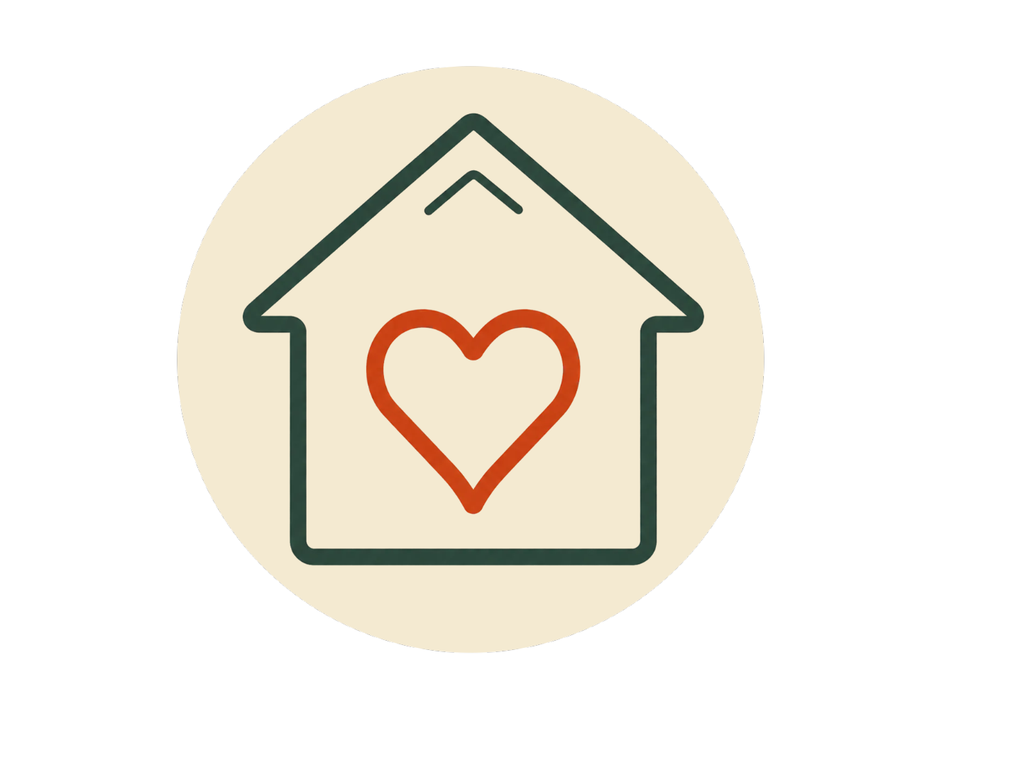 Outline of a house with a heart inside on a beige circular background.