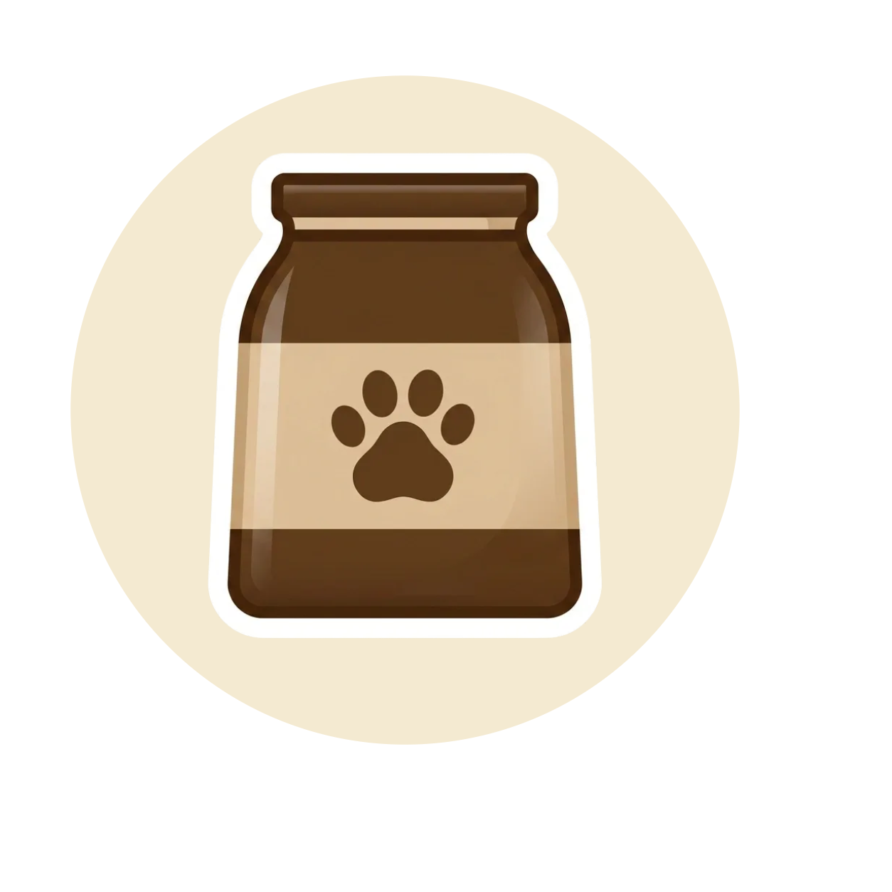A digital illustration of a brown pet food jar with a paw print on its beige label, set against a dark background.