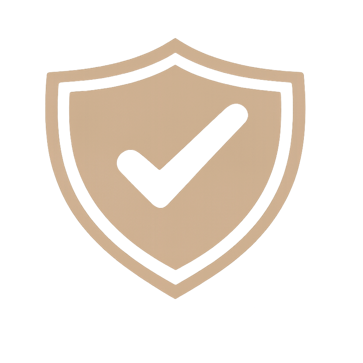 Beige shield icon with a black check mark in the center.