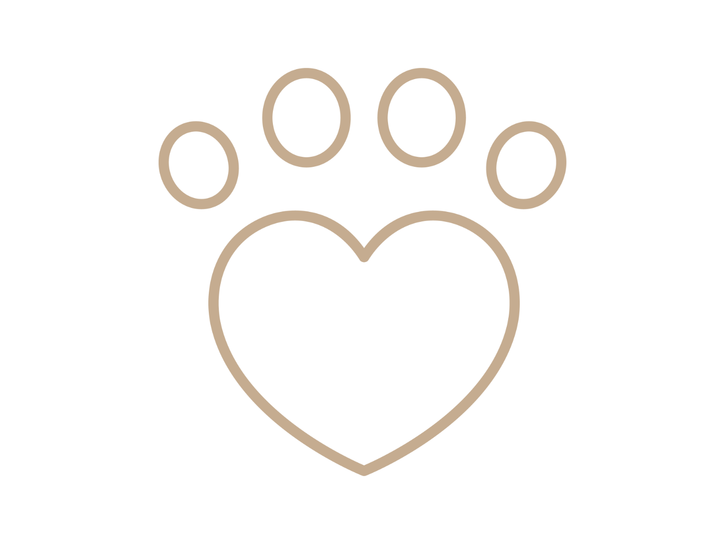 A simple illustration of a paw print with a heart shape in the center, outlined in beige on a black background.