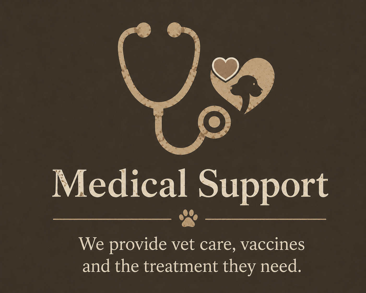 Sign for medical support with a stethoscope, a heart with a dog silhouette inside, and a paw print, indicating veterinary care, vaccines, and treatment.