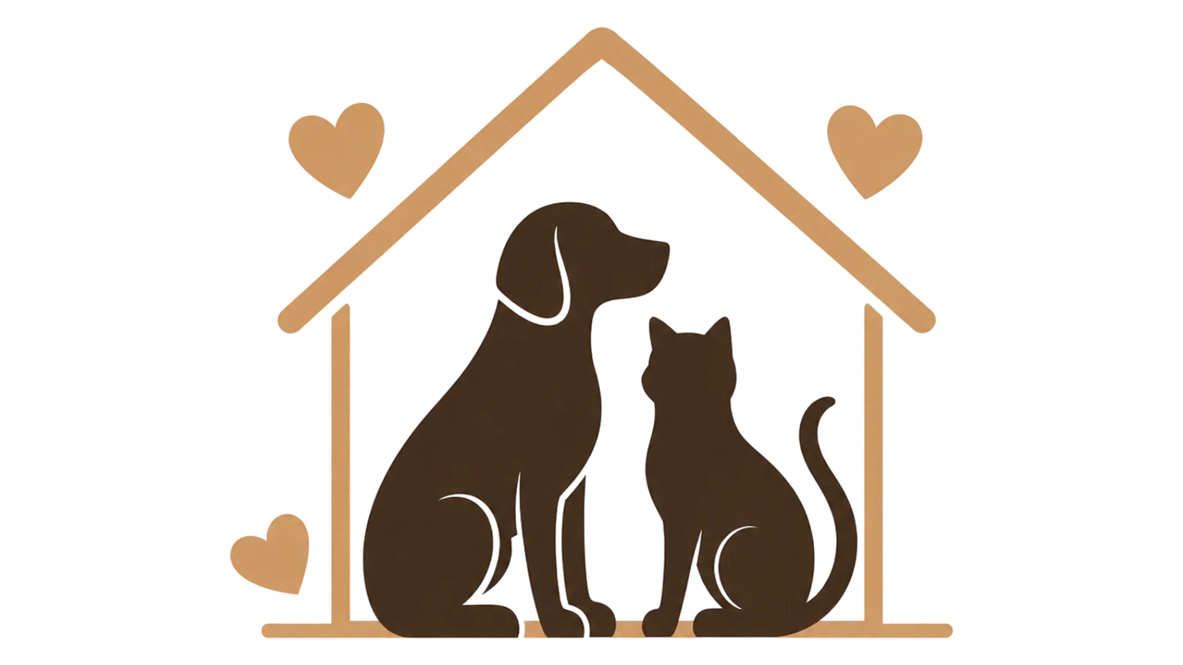 Wooden plaque with silhouettes of a dog and a cat inside a house shape, decorated with four small hearts.