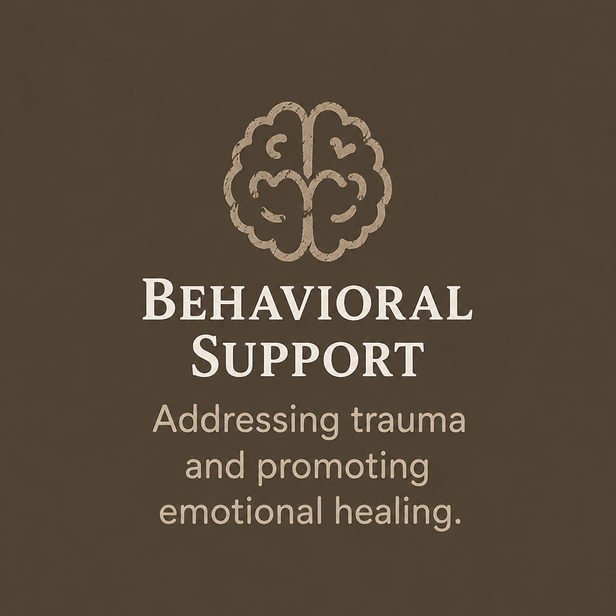 Brown background with a brain illustration and text reading "Behavioral Support: Addressing trauma and promoting emotional healing."