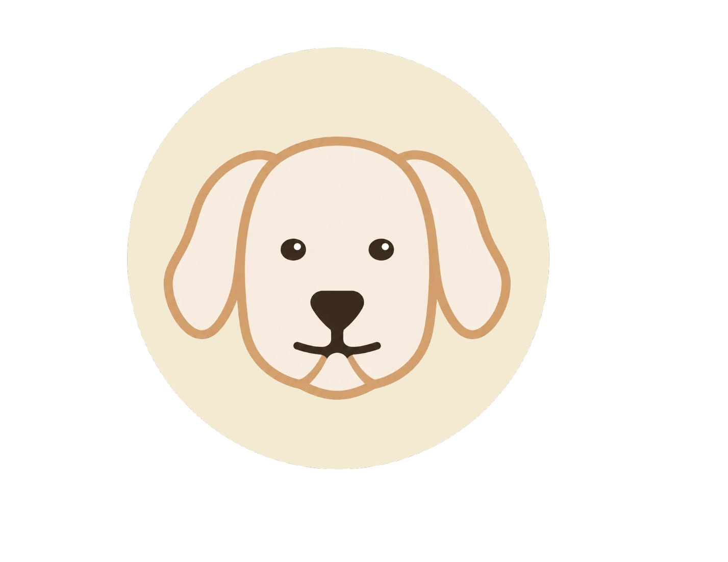 Simple illustration of a dog's face with light fur, floppy ears, black eyes, and a black nose on a beige circular background.